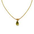 Waterproof stainless steel jewelry collection featuring hypoallergenic gold plated olive green glass teardrop pendant snake chain necklace.