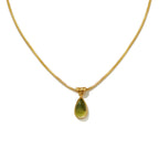 Waterproof stainless steel jewelry collection featuring hypoallergenic gold plated olive green glass teardrop pendant snake chain necklace.