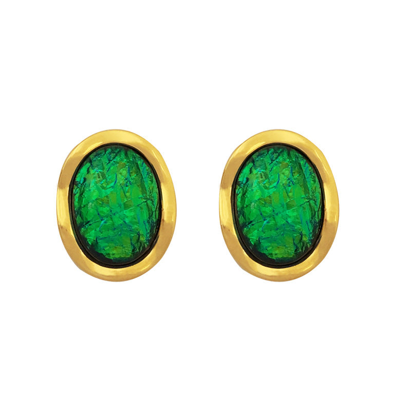 Waterproof stainless steel jewelry collection featuring hypoallergenic gold plated vintage oval emerald green resin stone stud earrings.
