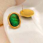Waterproof stainless steel jewelry collection featuring hypoallergenic gold plated vintage oval emerald green resin stone stud earrings.