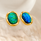 Waterproof stainless steel jewelry collection featuring hypoallergenic gold plated vintage oval emerald green resin stone stud earrings.