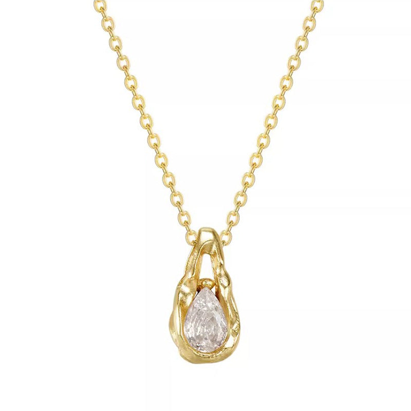 Waterproof stainless steel jewelry collection featuring 18k gold plated molten teardrop crystal pendant necklace.