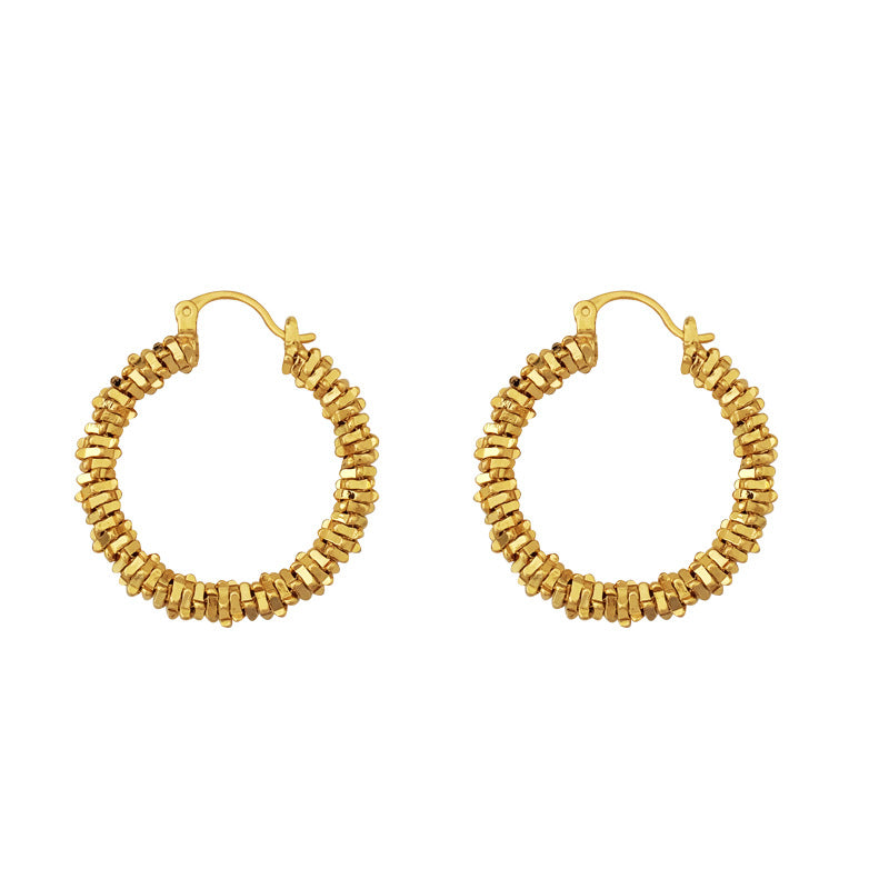 Waterproof stainless steel jewelry collection featuring hypoallergenic gold plated and silver glitter textured hoop earrings