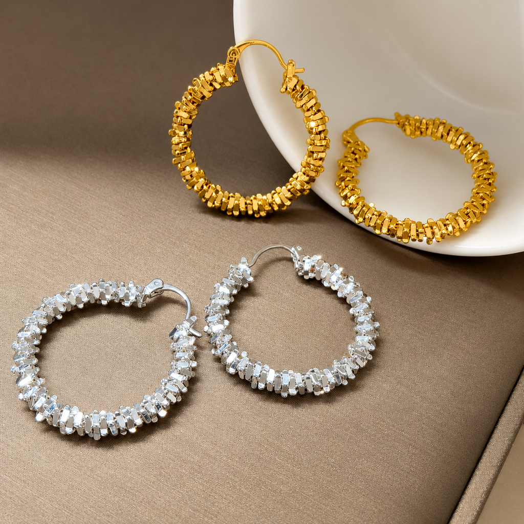 Waterproof stainless steel jewelry collection featuring hypoallergenic gold plated and silver glitter textured hoop earrings