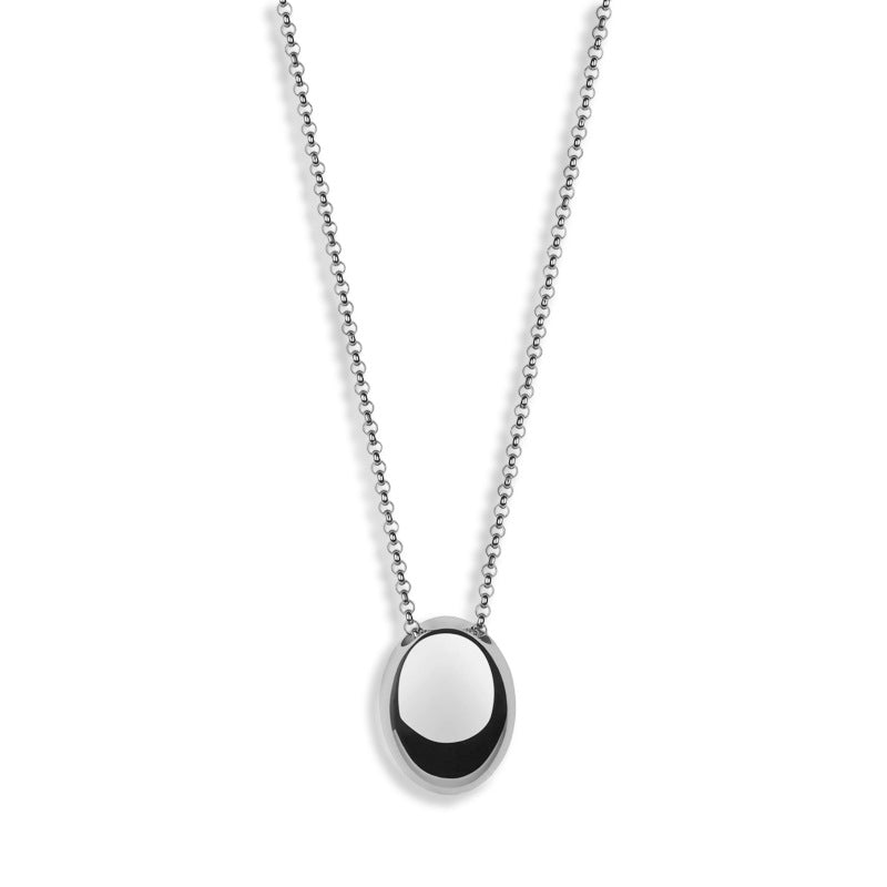 Waterproof stainless steel jewelry collection featuring hypoallergenic gold plated titanium steel smooth pebble pendant long necklace.