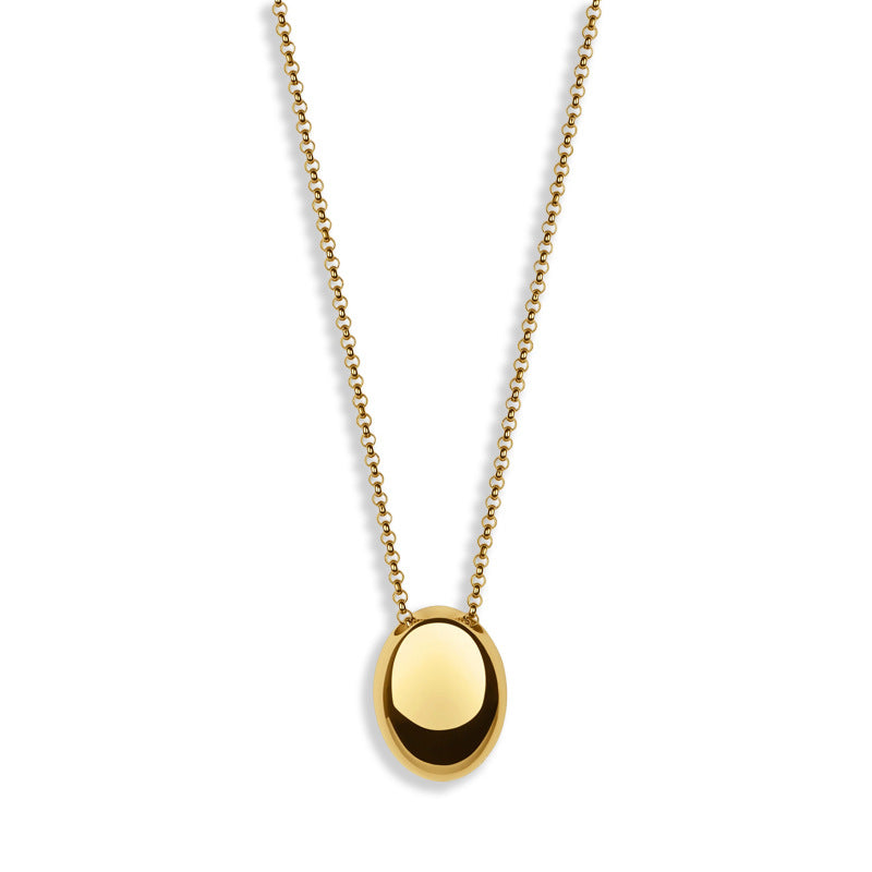 Waterproof stainless steel jewelry collection featuring hypoallergenic gold plated titanium steel smooth pebble pendant long necklace.