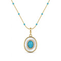Waterproof stainless steel jewelry collection featuring hypoallergenic gold plated oval turquoise and mother of pearl pendant necklace.