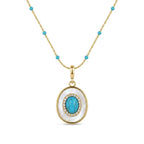 Waterproof stainless steel jewelry collection featuring hypoallergenic gold plated oval turquoise and mother of pearl pendant necklace.