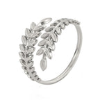 Textured wheat ear and olive laurel leaf motif wrap bypass open cuff adjustable ring stainless steel jewelry in waterproof 18k gold plated finish.