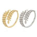 Textured wheat ear and olive laurel leaf motif wrap bypass open cuff adjustable ring stainless steel jewelry in waterproof 18k gold plated finish.