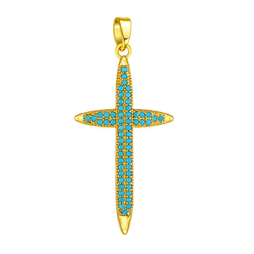 Wholesale stainless steel jewelry collection of gold aqua blue cz cubic zirconia cross pendant charms in various geometric and starburst shapes.