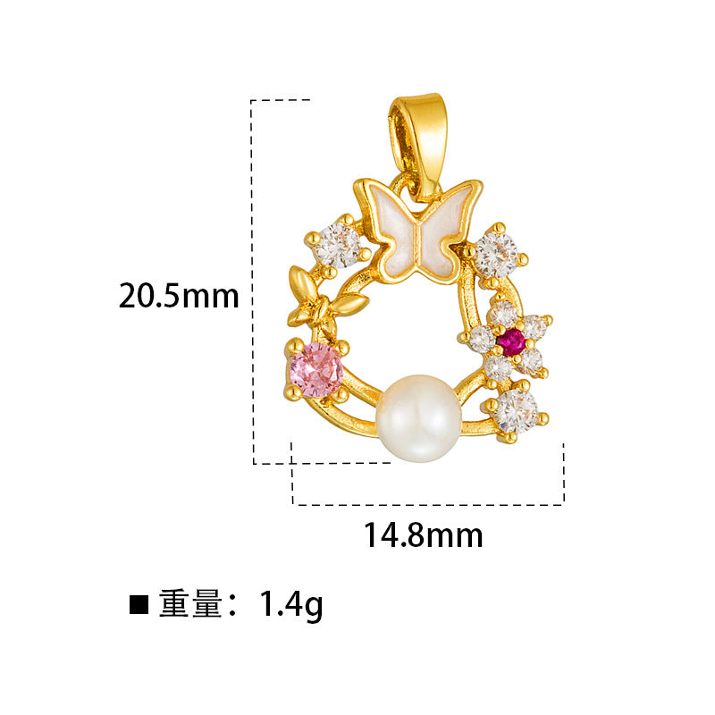 Wholesale stainless steel jewelry collection of gold cz cubic zirconia and pearl pendant charms featuring butterfly, heart, and shell designs.