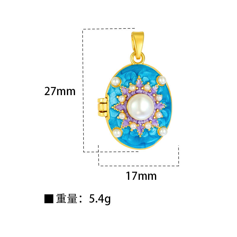 Wholesale stainless steel jewelry oval photo locket with colorful enamel, sunburst halo, and center pearl accent.