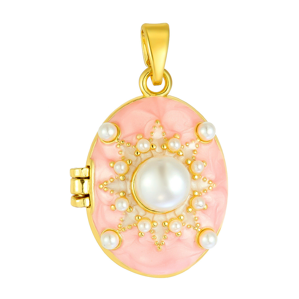 Wholesale stainless steel jewelry oval photo locket with colorful enamel, sunburst halo, and center pearl accent.