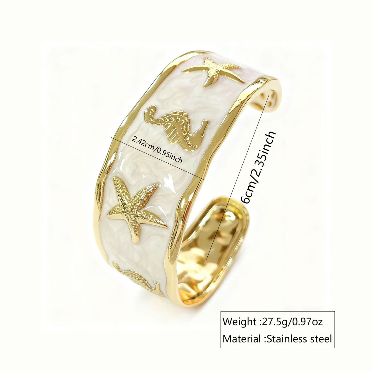 Wholesale stainless steel jewelry low MOQ 304 stainless steel gold enamel cuff bangle bracelet with starfish and seahorse motifs.